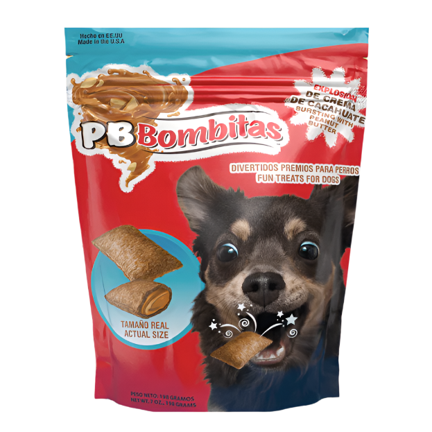 PB Bombitas dog treat package with a dog eating a treat on a beige background