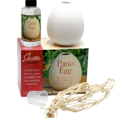 Collection of patio egg mosquito deterrent products including a bottle, diffuser, and screen.