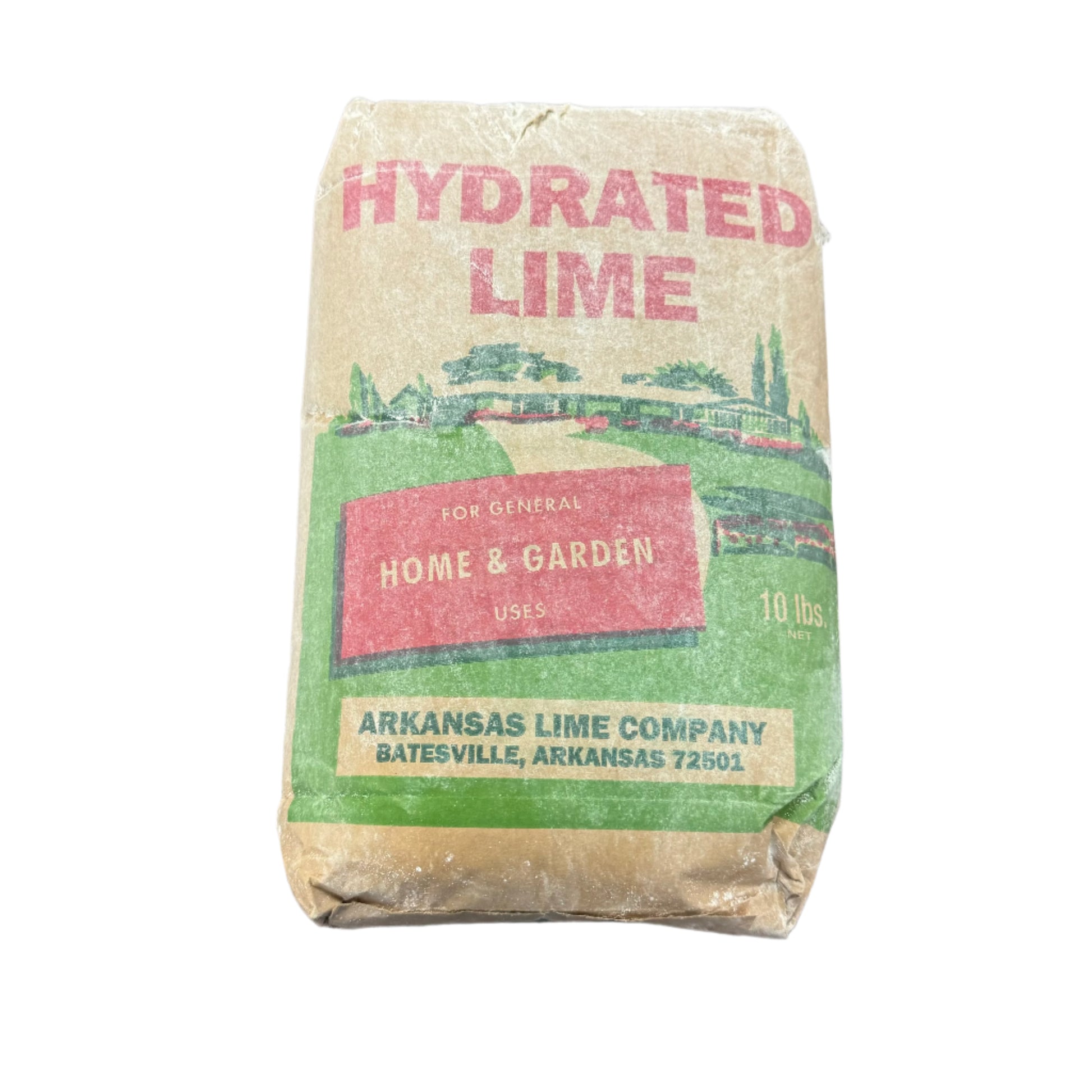 Bag of hydrated lime from Arkansas Lime Company on a rusty surface