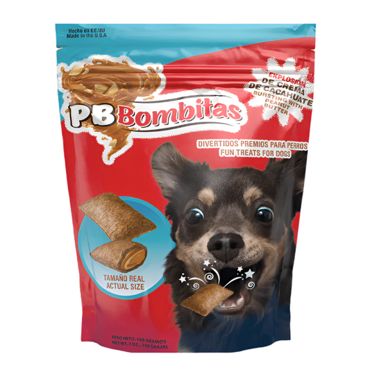 PB Bombitas dog treat package with a dog eating a treat on a beige background